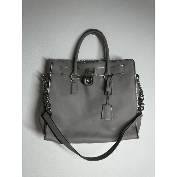 MICHAEL KORS HAMILTON LARGE PEARL GRAY LEATHER SILVER LOCK NS TOTE BAG SEE NOTES - Picture 1 of 15